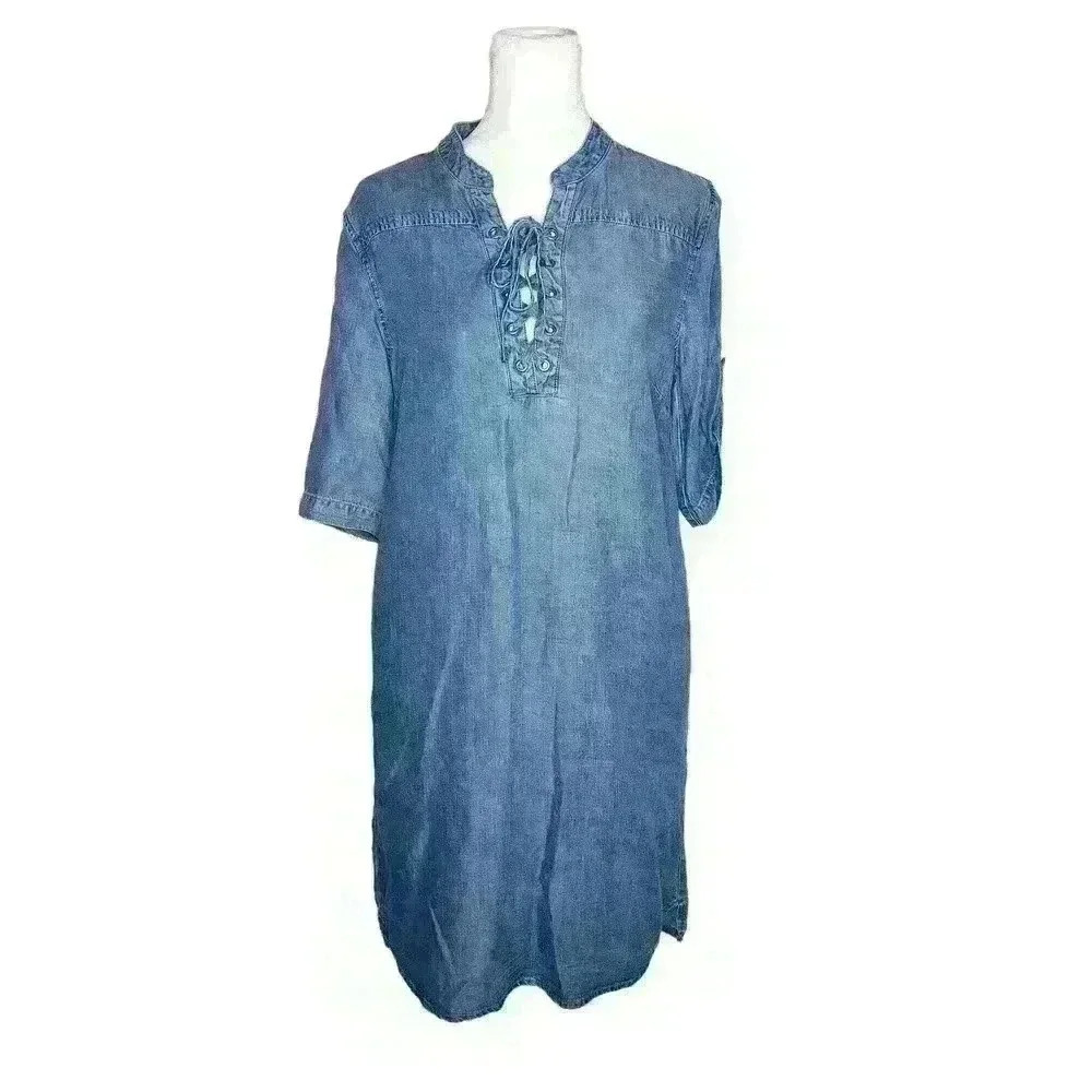 Chelsea & Theodore women's blue denim shift dress midi size small